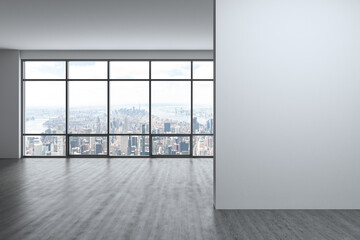 New York Manhattan City Skyline Buildings from High Rise Window. Real Estate overlooking. Empty room white wall mockup Interior Skyscrapers View Cityscape. Day time. Midtown and Downtown. 3d rendering