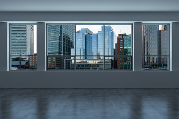 Panoramic picturesque city view of Boston at sunset time from modern empty room interior, Massachusetts. An intellectual, technological and political center. 3d rendering.
