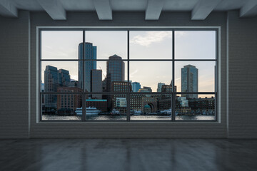 Fototapeta premium Panoramic picturesque city view of Boston at sunset from modern empty room interior, Massachusetts. An intellectual, technological and political center. 3d rendering.