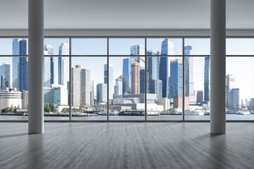 Midtown New York City Manhattan Skyline Buildings from High Rise Window. Beautiful Expensive Real Estate. Empty room Interior Skyscrapers View Cityscape. Day time. Hudson Yards West Side. 3d rendering