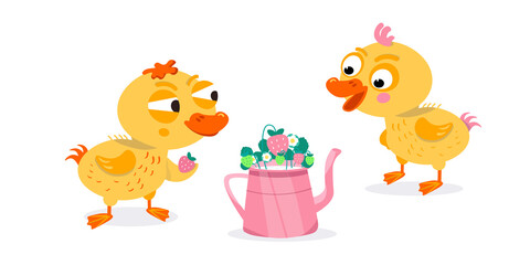 Cute ducks in cartoon style. Valentine's Day. Characters for design of postcards, inscriptions, children's books. Vector illustration, icon on isolated background.