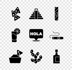 Set Nachos, Chichen Itza in Mayan, Cigar, bowl, Cactus, Tequila bottle, glass with lemon and Hola icon. Vector © vector_v