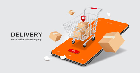 Several parcel boxes are placed in shopping cart and floating in air around and has pin in middle and all objects on smartphone,vector 3d isolated on white background for delivery and online shopping © John k studio
