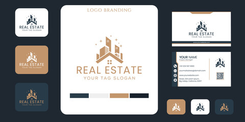 Home logo design real estate construction architecture and building logos with business card design vector