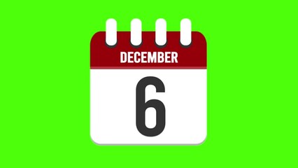 December 6. Calendar appearing, with the pages dropping down to the date december 6. Green background, chroma key