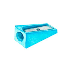 Blue pencil sharpener, school stationery insulated on a white background. Hand-drawn watercolor illustration.
