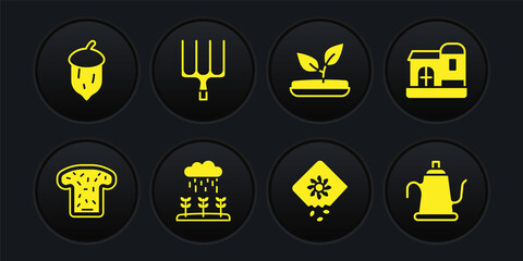 Set Bread toast, Farm house, Plant sprouts grow in the rain, Pack full of seeds of plant, Sprout, Garden pitchfork, Watering can and Acorn, oak nut, icon. Vector