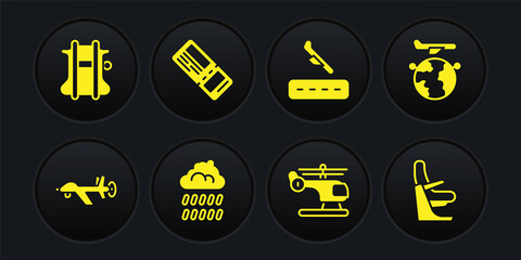 Set UAV Drone, Globe with flying plane, Cloud rain, Helicopter, Plane landing, Airline ticket, Airplane seat and Parachute icon. Vector