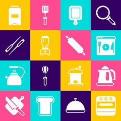 Set Oven, Electric kettle, Cooking live streaming, Cutting board, Blender, Food chopsticks, Jam jar and Rolling pin icon. Vector