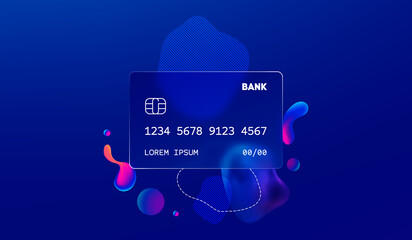 Glass morphism credit card template. Plastic rectangle of transparent plastic with blur effect. Liquid shapes morphism abstract art.