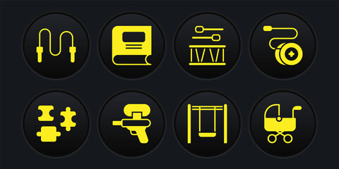 Set Puzzle pieces toy, Yoyo, Water gun, Swing, Drum with drum sticks, Book, Baby stroller and Jump rope icon. Vector