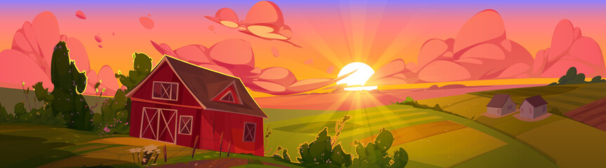 Sunrise countryside landscape with farm barn, agriculture field and houses in fall. Vector cartoon illustration of rural morning scene, farmland with granary, road, fence in orange sun beams