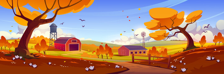 Autumn countryside with farm barn, windmill, water tower and agriculture fields at fall. Vector cartoon illustration of rural landscape of farmland with wooden shed, road and orange trees © klyaksun