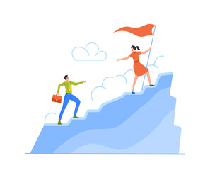 Businesspeople Stretching Hands to Each Other Rising Up on Top of Mountain. Success Career Performance, Leadership