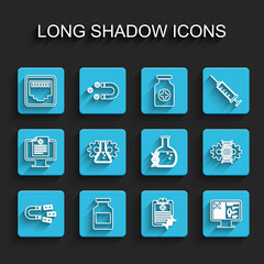 Set line Magnet with money, Medicine bottle, Network port cable socket, Clipboard DNA analysis, Clinical record monitor, Bioengineering, Gene editing and research, search icon. Vector