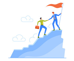 Business Leader Character Help Colleague Climb to Top of Mountain with Hoisted Red Flag, Businessman Help Teammate