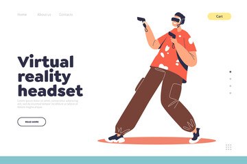 Virtual reality headset concept of landing page with active boy gaming wearing 3d glasses