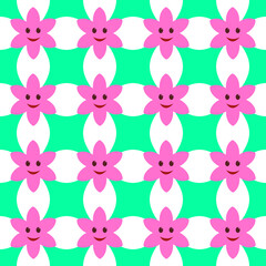 Vector seamless pattern of Y2K Cute Funny Flower with smiling faces.  Happy Positive. 70s, 80s, 90s vibes stickers. Retro style. Patches Collection.