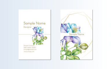 business card template design with hand painted watercolor illustration of columbine flowers