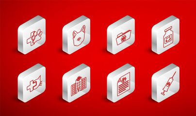 Set line Syringe with pet vaccine, Dog, Medical veterinary record folder, Cat medicine bottle, certificate for dog cat, Veterinary clinic, hospital and icon. Vector