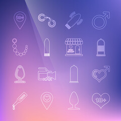 Set line 18 plus content heart, Male gender and, Condom safe sex, Dildo vibrator for games, Anal beads, Location with and Sex shop building icon. Vector