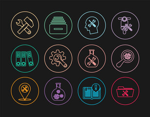 Set line Folder service, Microorganisms under magnifier, Human head, Wrench and gear, Office folders, Crossed hammer wrench, Bioengineering and Drawer with documents icon. Vector