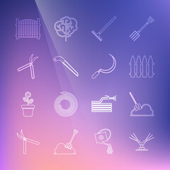 Set line Automatic irrigation sprinklers, Shovel the ground, Garden fence, rake, saw, Gardening handmade scissor, and Sickle icon. Vector