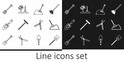 Set line Garden shovel, Shovel in the ground, rake, trowel spade or, pitchfork, Gardening handmade scissor and Planting tree icon. Vector
