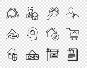 Set line House under protection, contract, Search house, Hanging sign with Sold, Rising cost of housing, Man dreaming about buying, For Sale and Shopping cart icon. Vector