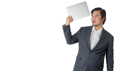 Business man in suit shirt posing isolated on white background. Achievement career wealth business concept. Mock up copy space. Hold laptop computer with blank empty screen