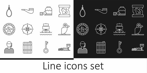 Fototapeta na wymiar Set line Treasure and riches, Pirate parrot, game dice, Wind rose, coin, Gallows rope loop hanging, Ship and Smoking pipe icon. Vector