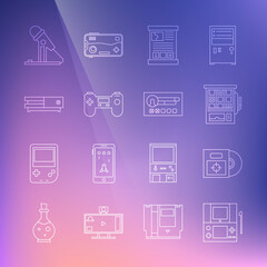 Set line Portable video game console, CD DVD disk in box, Slot machine, Game guide, Gamepad, Video, Microphone and Create account screen icon. Vector