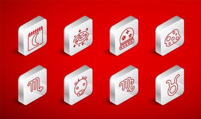 Set line Taurus zodiac, Milky way spiral galaxy, Magic ball, Asteroid, Virgo, Moon phases calendar, Ox and Scorpio icon. Vector