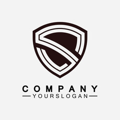 Letter S monogram and shield sign combination. Line art logo design concept.