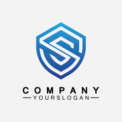 Letter S monogram and shield sign combination. Line art logo design concept.