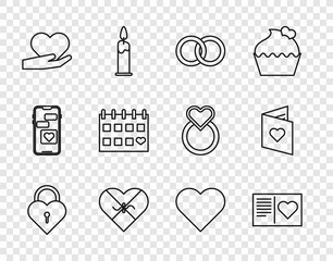 Set line Castle in the shape of heart, Valentines day flyer with, Wedding rings, Candy shaped box, Heart hand, Calendar, and icon. Vector