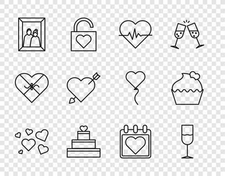 Set line Heart, Wine glass, rate, Wedding cake with heart, Picture frame, Amour and arrow, Calendar and icon. Vector