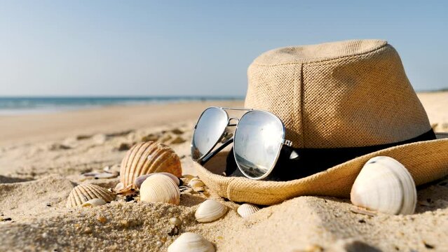 hat, sunglasses on the beach- vacation or travel concept