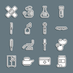 Set line Medicine bottle and pills, Stethoscope, Safety goggle glasses, Test tube flask, Medical oxygen mask, saw, Crossed bandage plaster and Electric toothbrush icon. Vector