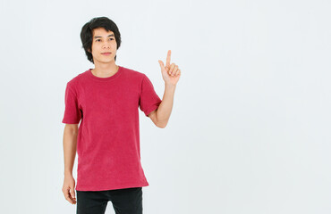 Portrait isolated cutout full body studio shot of Asian young handsome smart confident male model in street style outfit t shirt denim and sneakers standing posing look at camera on white background