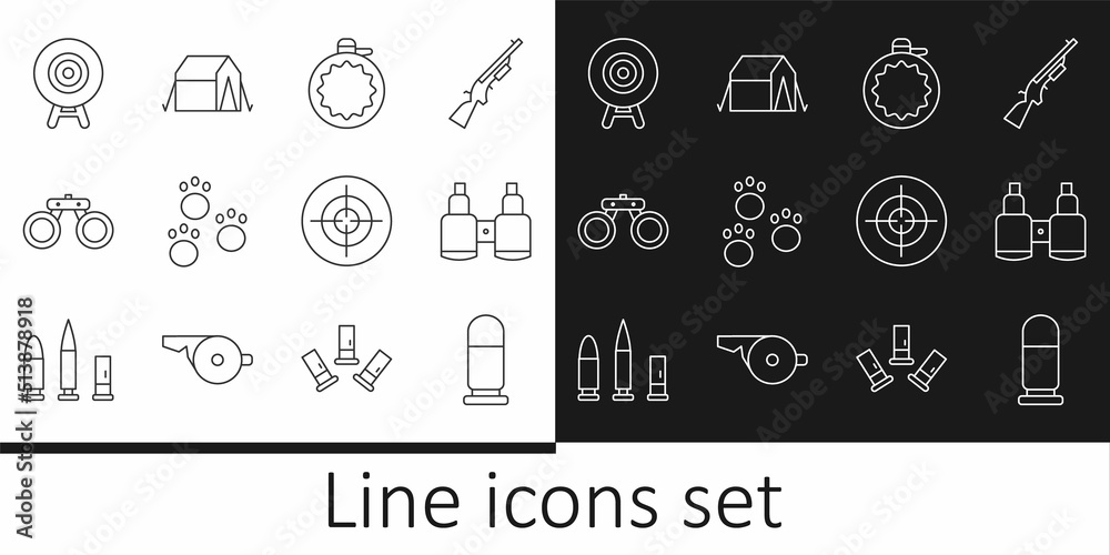 Canvas Prints set line bullet, binoculars, canteen water bottle, paw print, target sport, and tourist tent icon. v