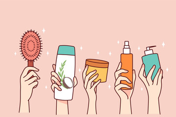Hands holding bottles of cosmetic products. People recommend diverse beauty routine. Spa and cosmetology concept. Flat vector illustration. 