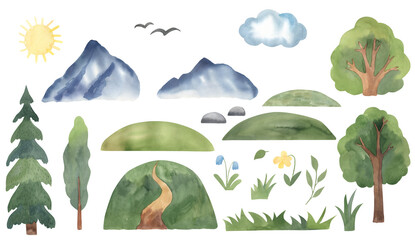 Watercolor landscape elements, sun, tree, mountain. Illustration for kids
