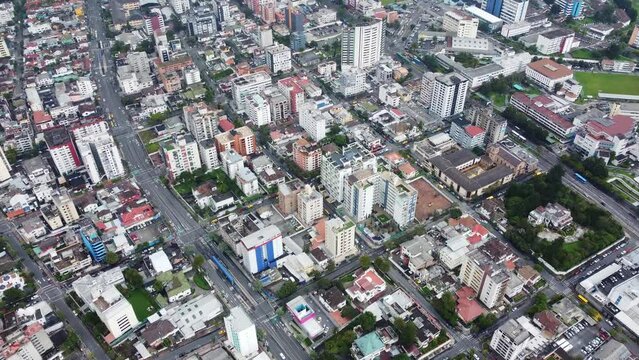 Quito, Ecuador: Aerial drone footage of the La Mariscal business and downtown district in Quito, Ecuador capital city in the Andes in South America