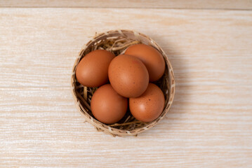 top view egg in wood background