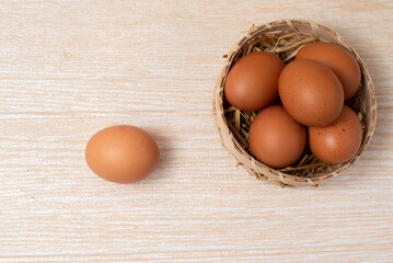 top view egg in wood background