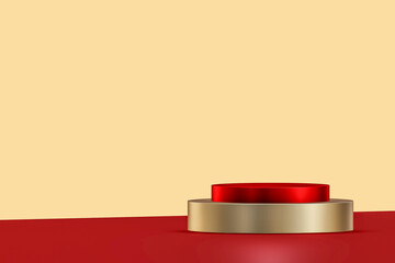 Red and gold podium for presentation with copy space for text , isolated on gold background , illustration 3D Rendering