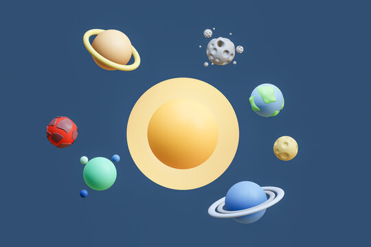 Solar system with various stars and the sun is at the center 3d rener flat design , isolated on blue background ,with clipping path, illustration 3D Rendering