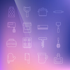 Set line Sauce bottle, Kitchen whisk, hammer, Cooking pot, Jam jar, Electric mixer, Grater and Air conditioner icon. Vector
