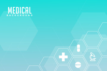 Azure background with inscriptions and icons of medicine and honeycombs